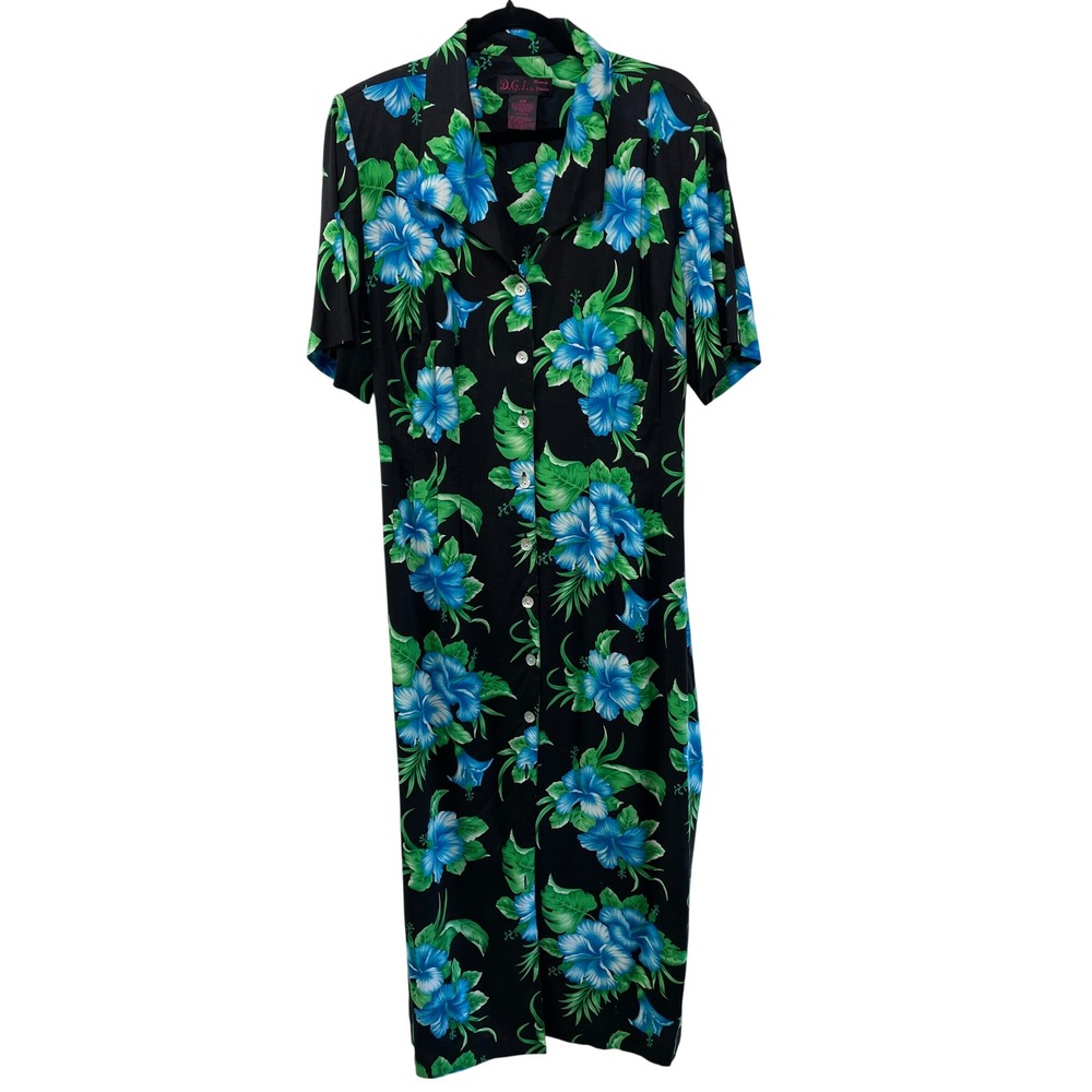 Vtg Tropical Hibiscus Maxi Shirt Dress Black Button Floral Tropical Resort 18W‎